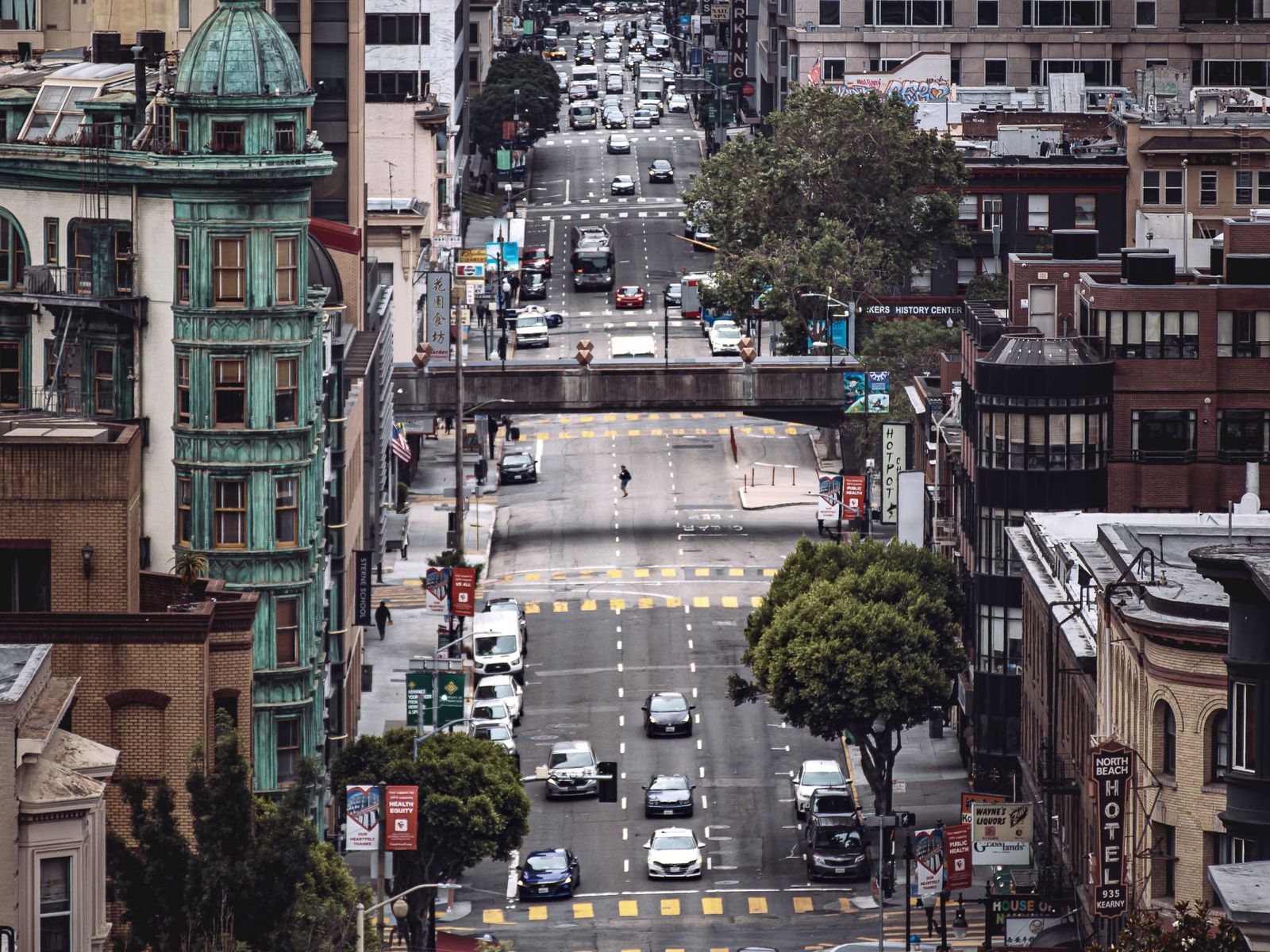Homes and businesses along a steep San Francisco street